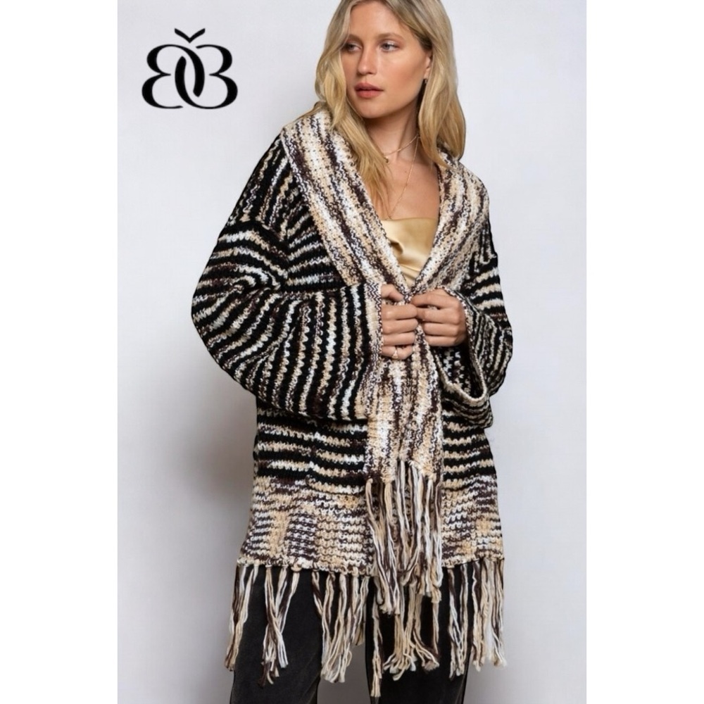 POL Beige Tan Cream Shawl Collar Cardigan with Fringe | Oversized Boho Knit